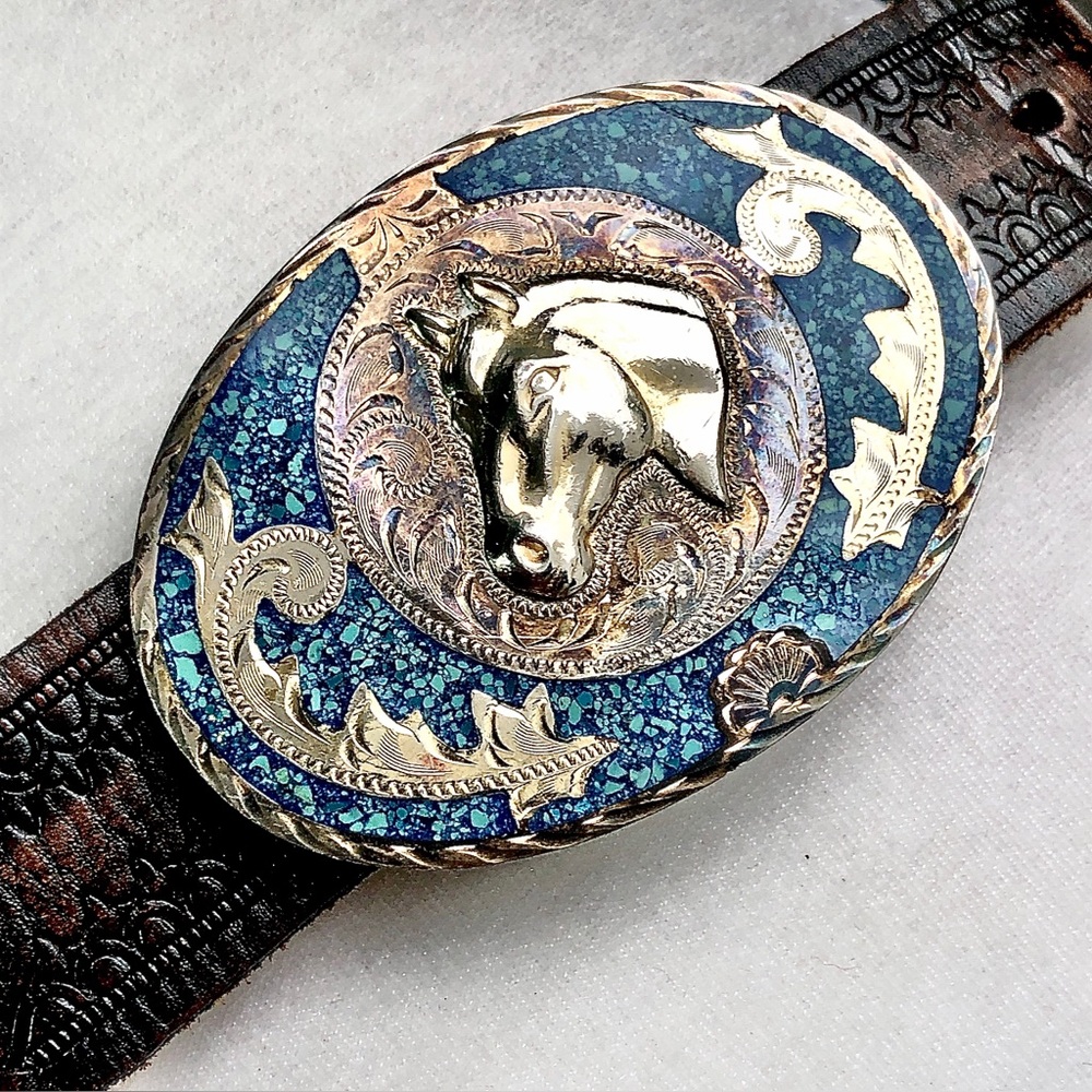 Sacks Fifth Avenue Tooled Belt Alpaca Horse Buckle Turquoise Mexico
